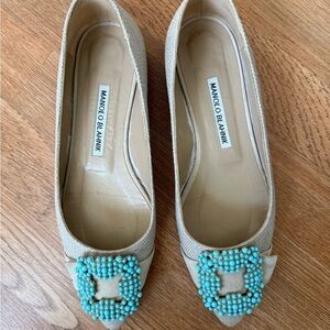 Manolo Blahnik Beige Heels with Turquoise Accent